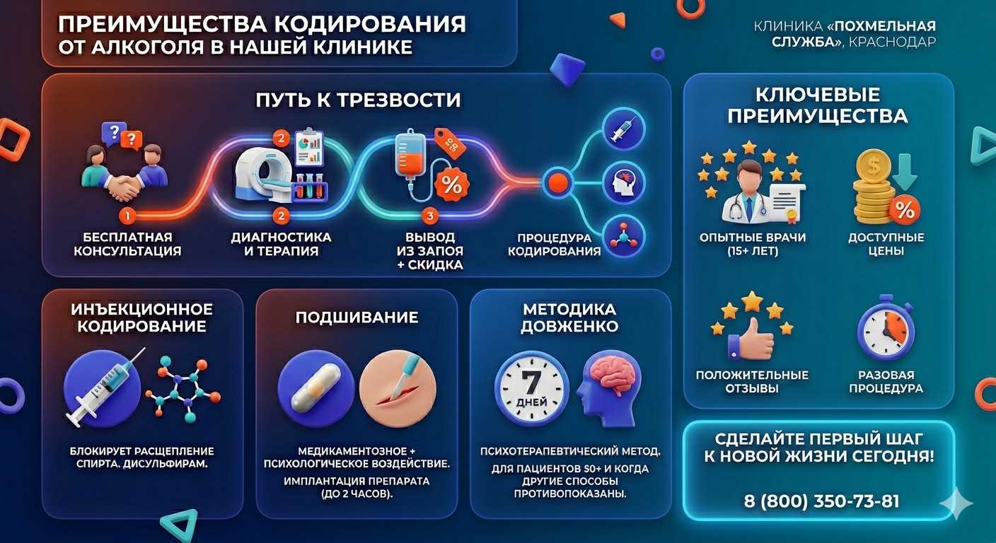 Инфографика о методах кодирования от алкоголя в Красноуфимске: инъекции, подшивание, метод Довженко. Преимущества клиники и этапы лечения.