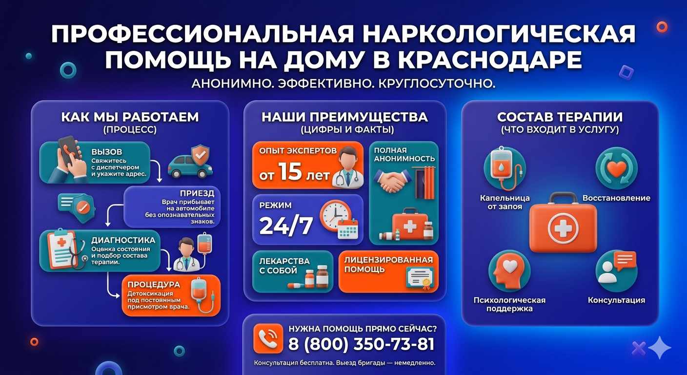 Инфографика о принципах лечения алкоголизма на дому в Красноуфимске: этапы вызова нарколога, преимущества анонимной детоксикации и состав медицинской помощи.